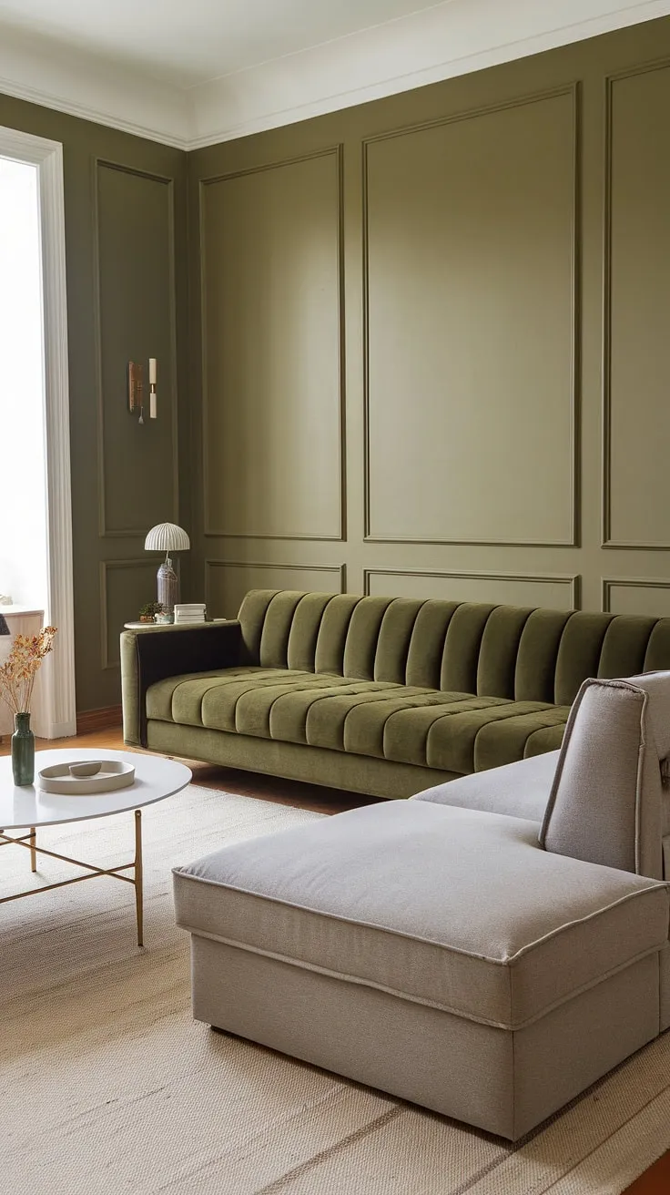 An olive green living room features a stylish green velvet sofa paired with a gray sectional, complemented by a white coffee table and soft lighting.
