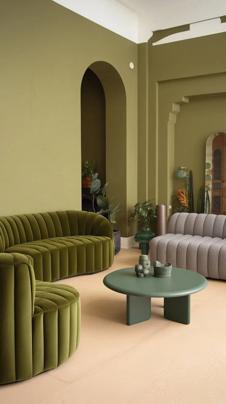 This olive green living room features a stylish green velvet sofa, a gray sectional, and a round green coffee table, all complemented by light beige flooring and decorative plants.