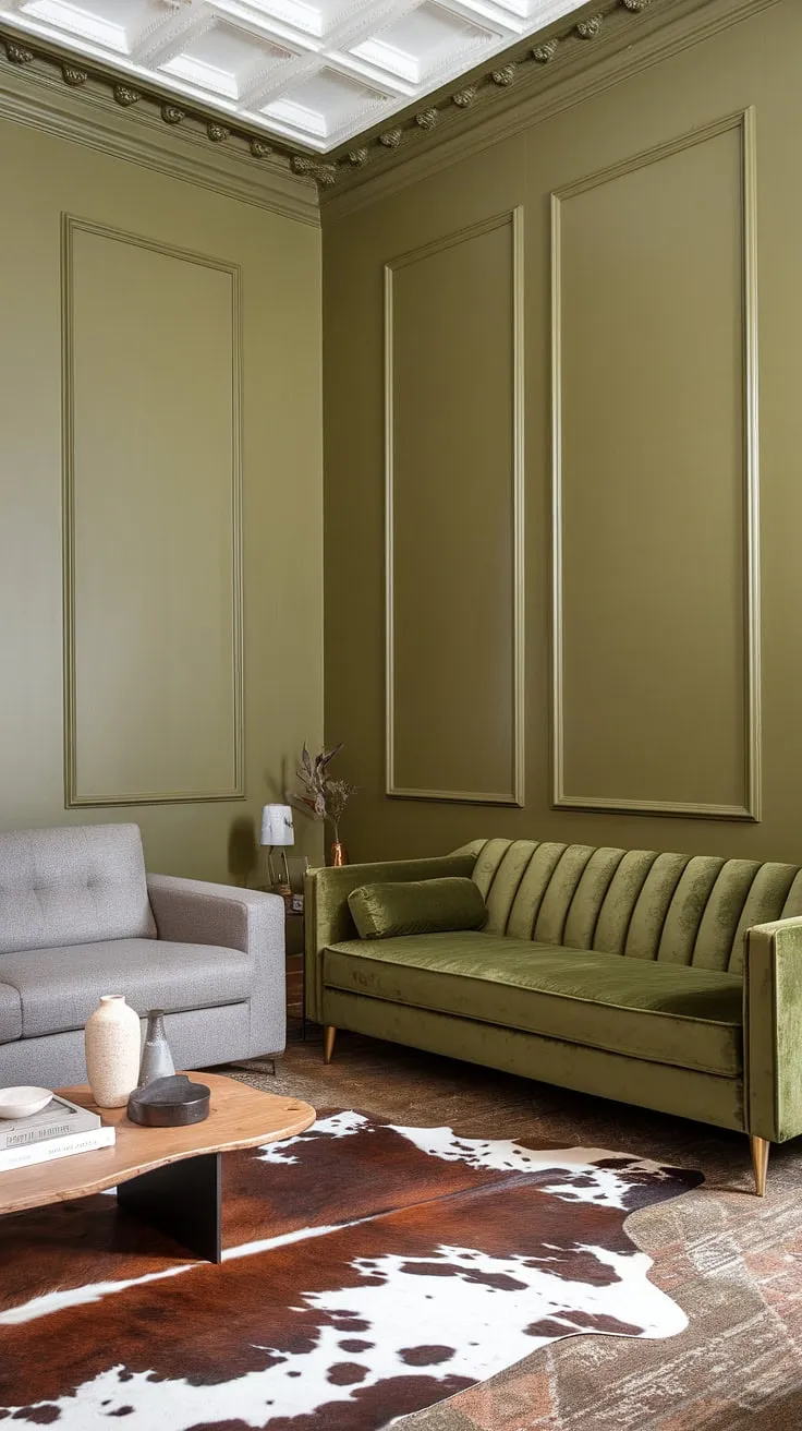 This olive green living room features a stunning green velvet sofa paired with a gray sectional, accented by a cowhide rug and stylish decor.