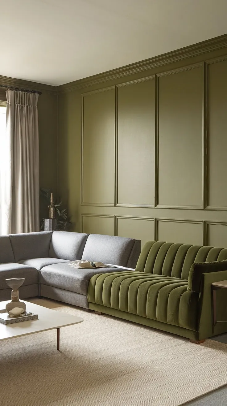 This olive green living room features a stylish gray sectional and a luxurious green velvet sofa, complemented by a beige area rug and soft lighting.
