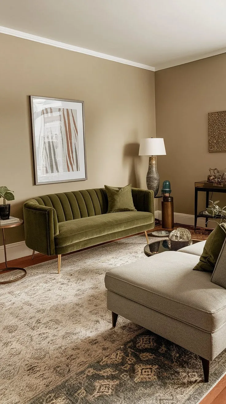 This olive green living room features a chic green velvet sofa and a gray sectional, perfectly blending comfort and elegance in its green couch decor.