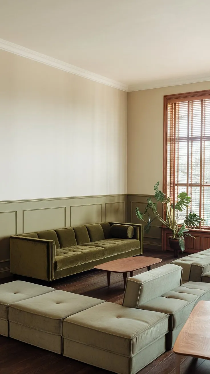 This green living room design features a chic green couch and a gray sectional, highlighted by a green velvet sofa and natural light from a large window.