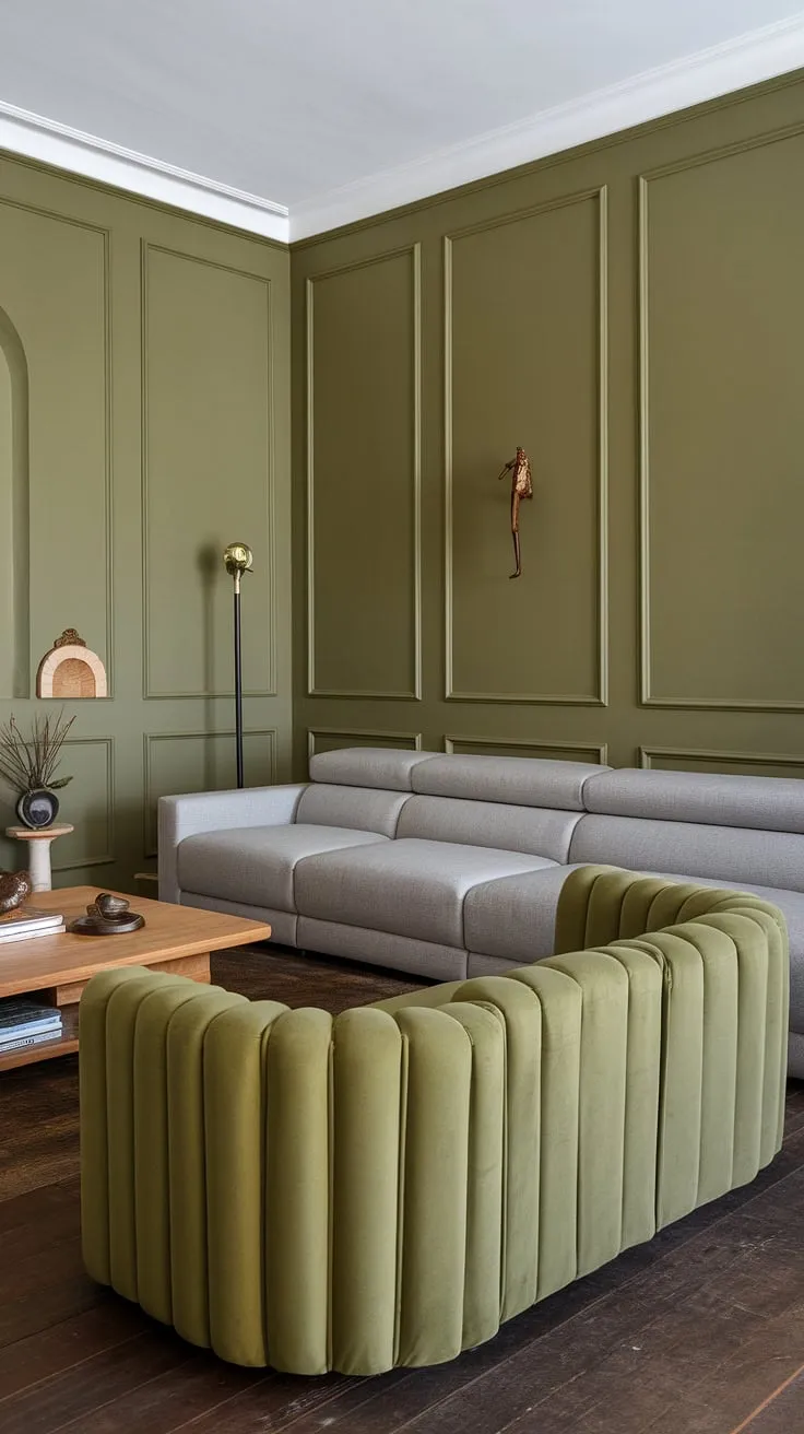 This green living room design showcases a gray sectional alongside a curved green velvet sofa, creating a harmonious space with olive green walls and rich wooden accents.