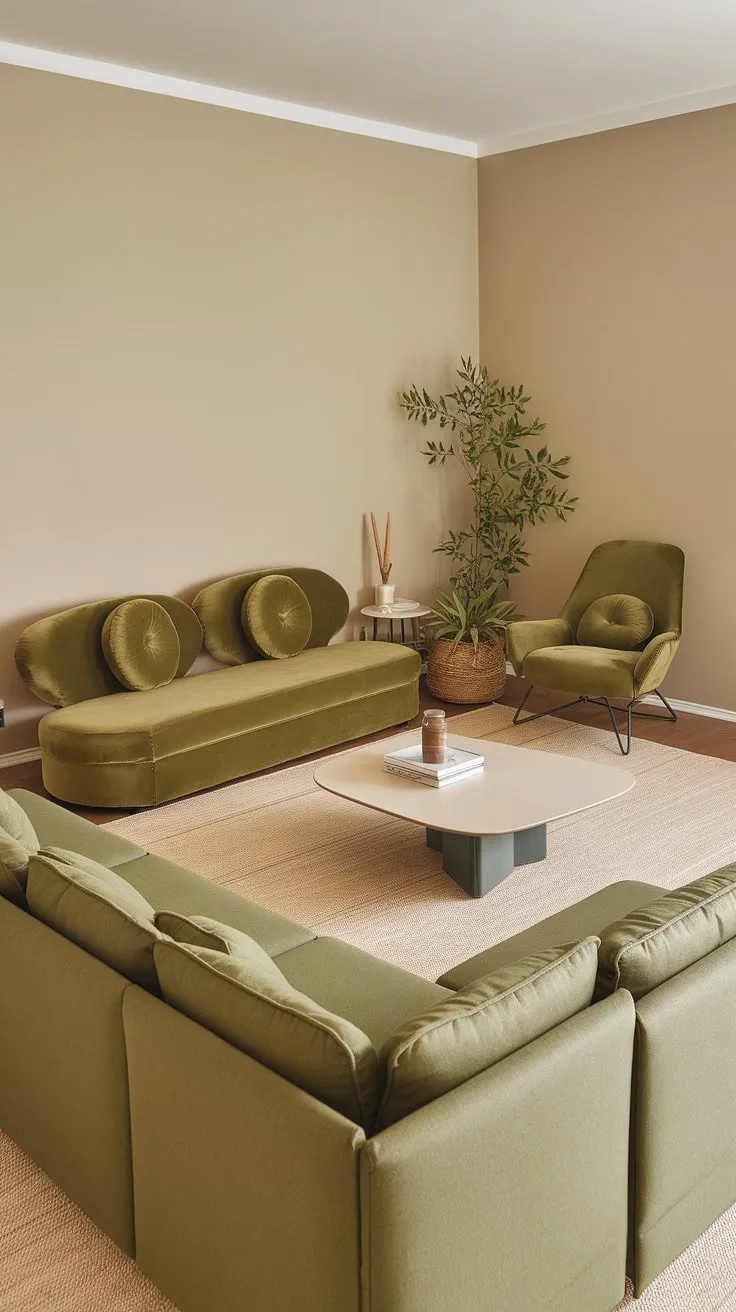 This olive green living room features a luxurious green velvet sofa and a gray sectional, creating a harmonious space with a green couch and elegant decor.