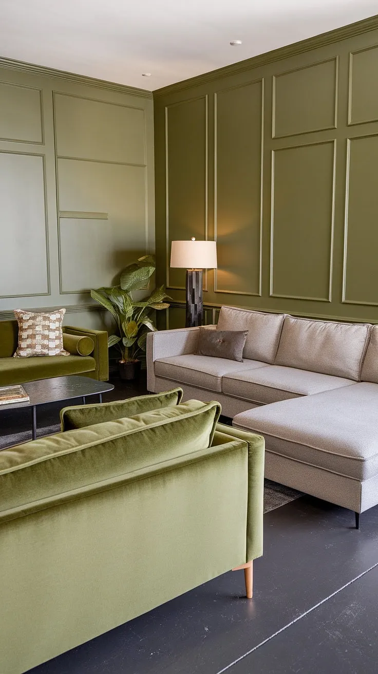 This olive green living room features a stylish gray sectional, a chic green velvet sofa, and a vibrant green couch, all harmonizing with dark gray flooring and tasteful decor.