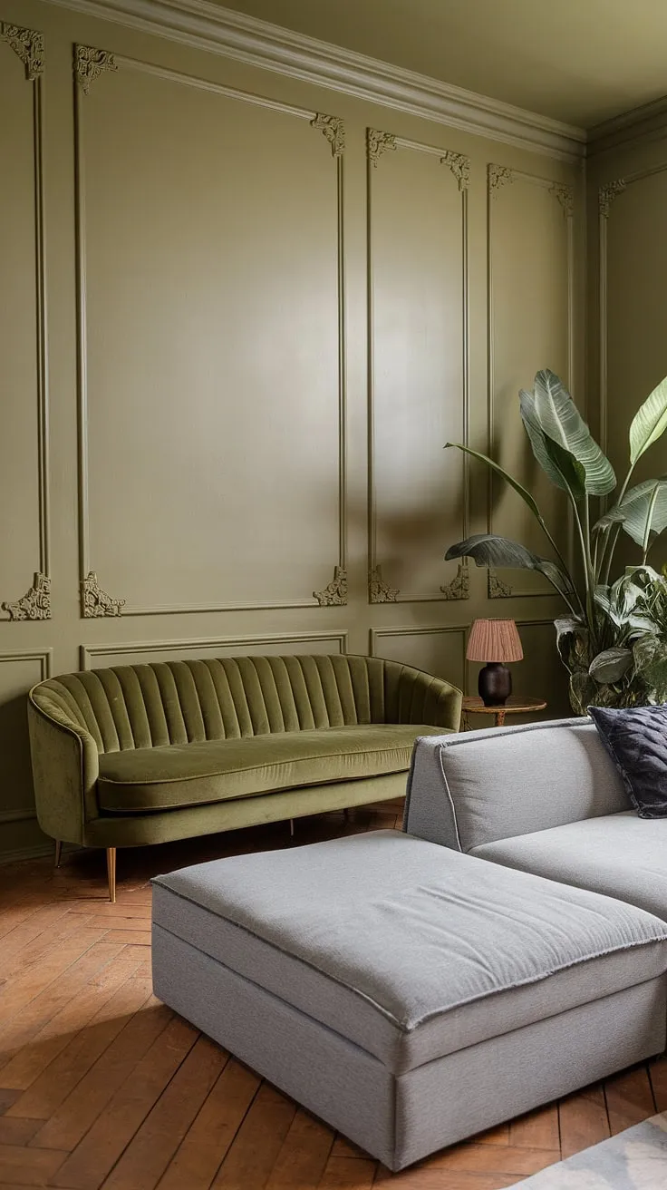The inviting green living room showcases a chic green couch and a gray sectional, creating a harmonious space with olive green walls and soft lighting.