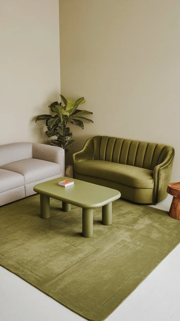 An olive green living room design features a stylish green velvet sofa paired with a gray sectional, complemented by a matching green coffee table and a cozy rug.