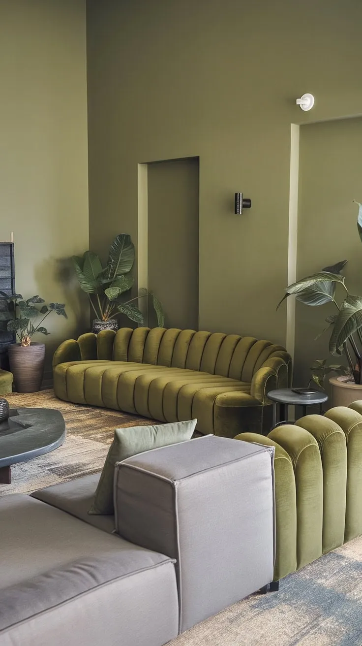 An olive green living room features a stylish gray sectional and a uniquely curved green velvet sofa, complemented by potted plants and chic furniture.