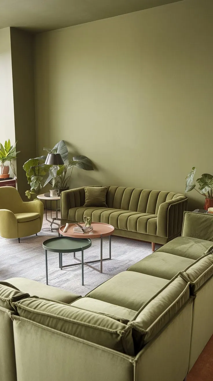 The olive green walls and chic green velvet sofa create a harmonious atmosphere in this inviting living room, enhanced by a gray sectional and tasteful decor.