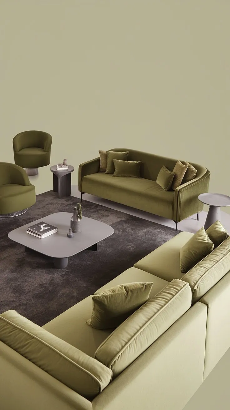 An olive green living room features a stylish green velvet sofa paired with a gray sectional, accented by green pillows and chairs against light gray walls.