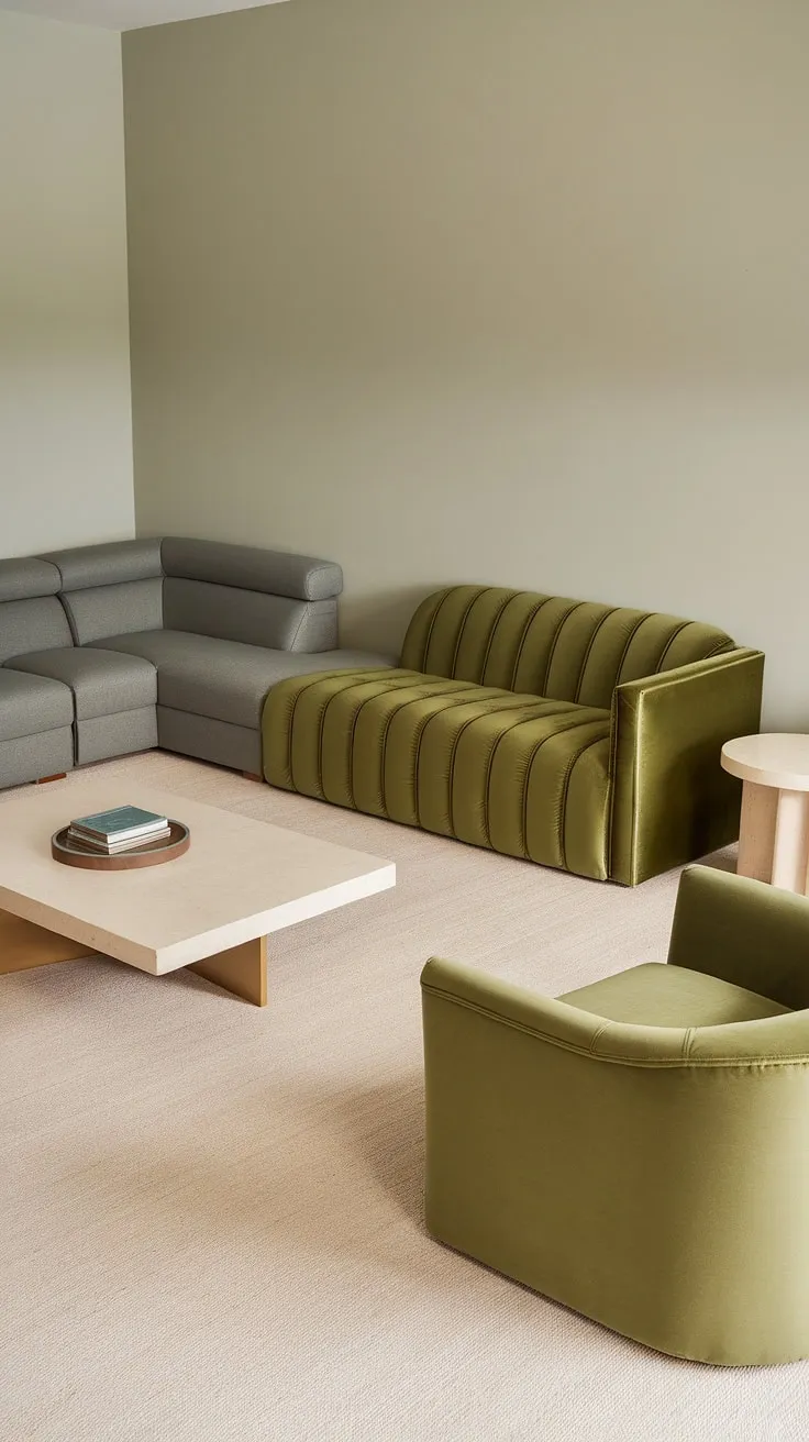 An olive green living room featuring a green velvet sofa, gray sectional, and stylish accents creates a chic and inviting space.