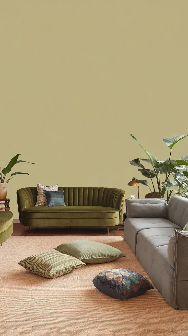 This olive green living room features a stylish green velvet sofa paired with a gray sectional, creating a chic green living room design enhanced by decorative pillows and plants.