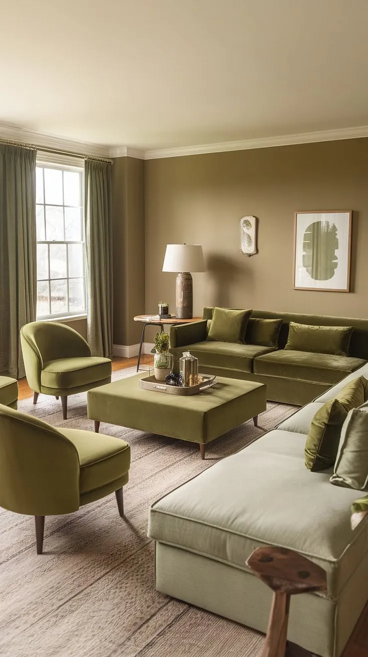 The inviting space showcases a green couch and a gray sectional, harmonizing with olive green accents and a beige backdrop for a chic velvet sofa living room.