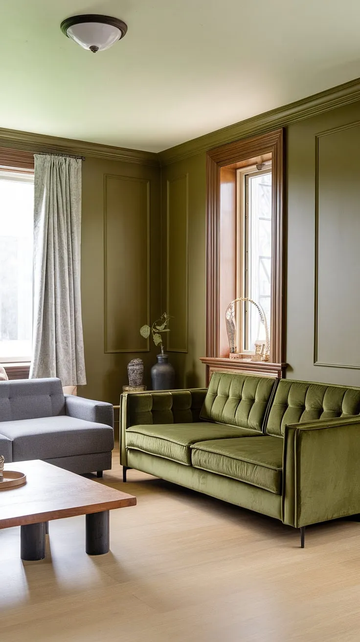 This green living room design showcases a chic green couch alongside a gray sectional, highlighted by olive green walls and elegant decor.