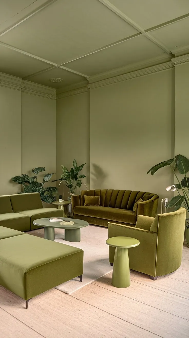 The green living room design features a chic green velvet sofa and a gray sectional, enhanced by a green armchair and side table, creating a vibrant yet cozy atmosphere.