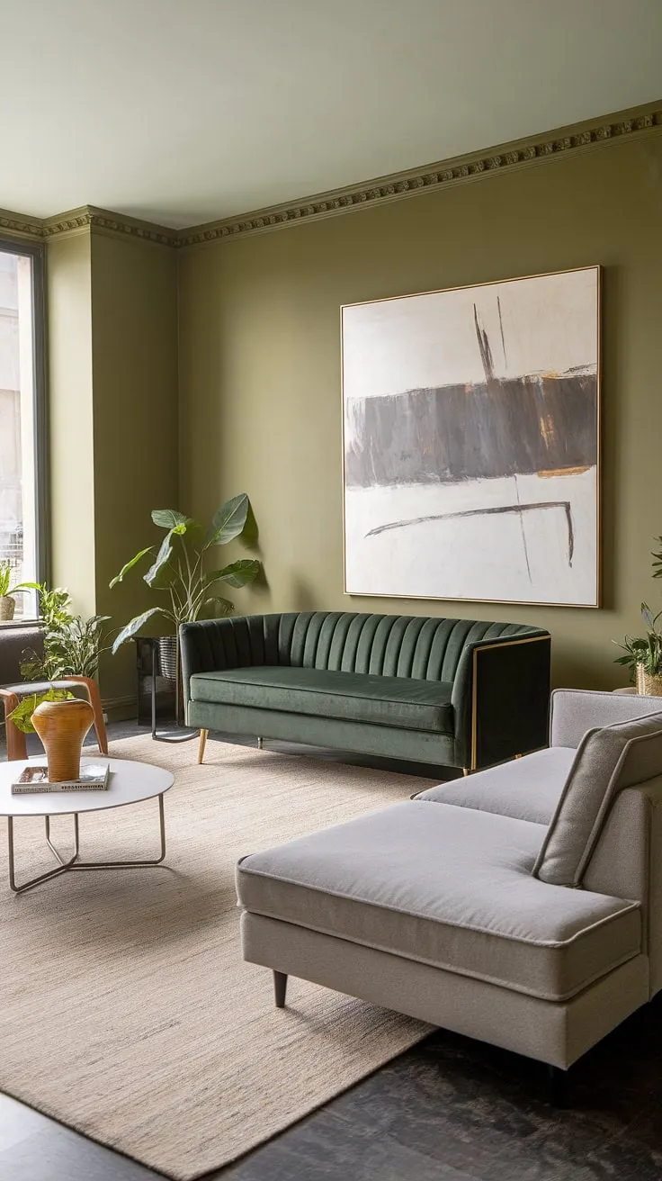 This modern minimalist living room features olive green walls, a striking green velvet sofa with gold legs, and a gray sectional, creating a stylish green living room design.