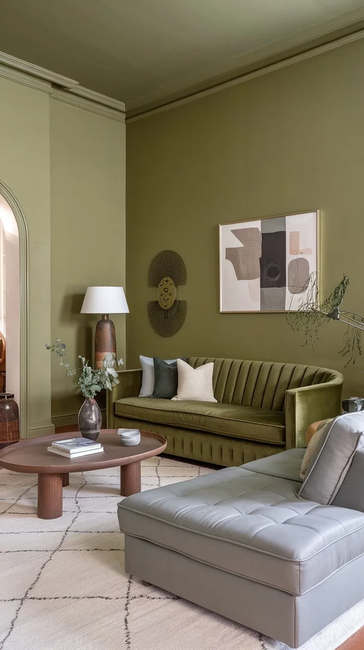 This olive green living room features a stylish green velvet sofa paired with a gray sectional, accented by decorative items and a cozy white rug.