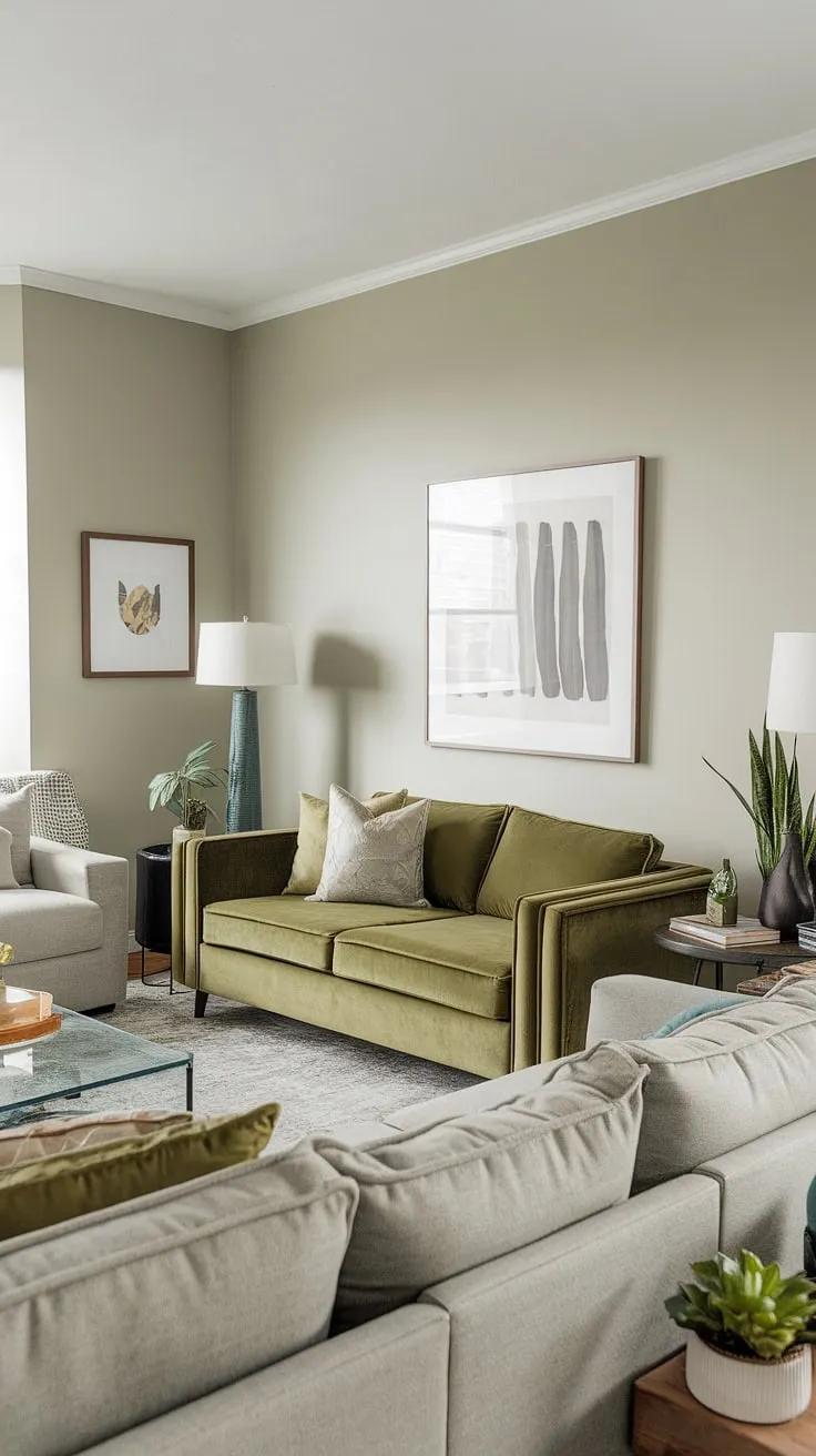 This green living room design showcases a luxurious green velvet sofa alongside a gray sectional, creating a harmonious blend of colors and textures.