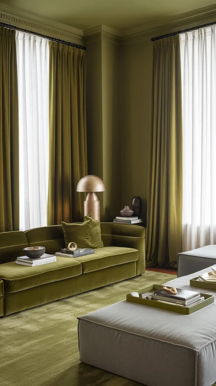 An olive green living room features a stunning green velvet sofa paired with a gray sectional, creating a harmonious green living room design enhanced by matching walls and decor.