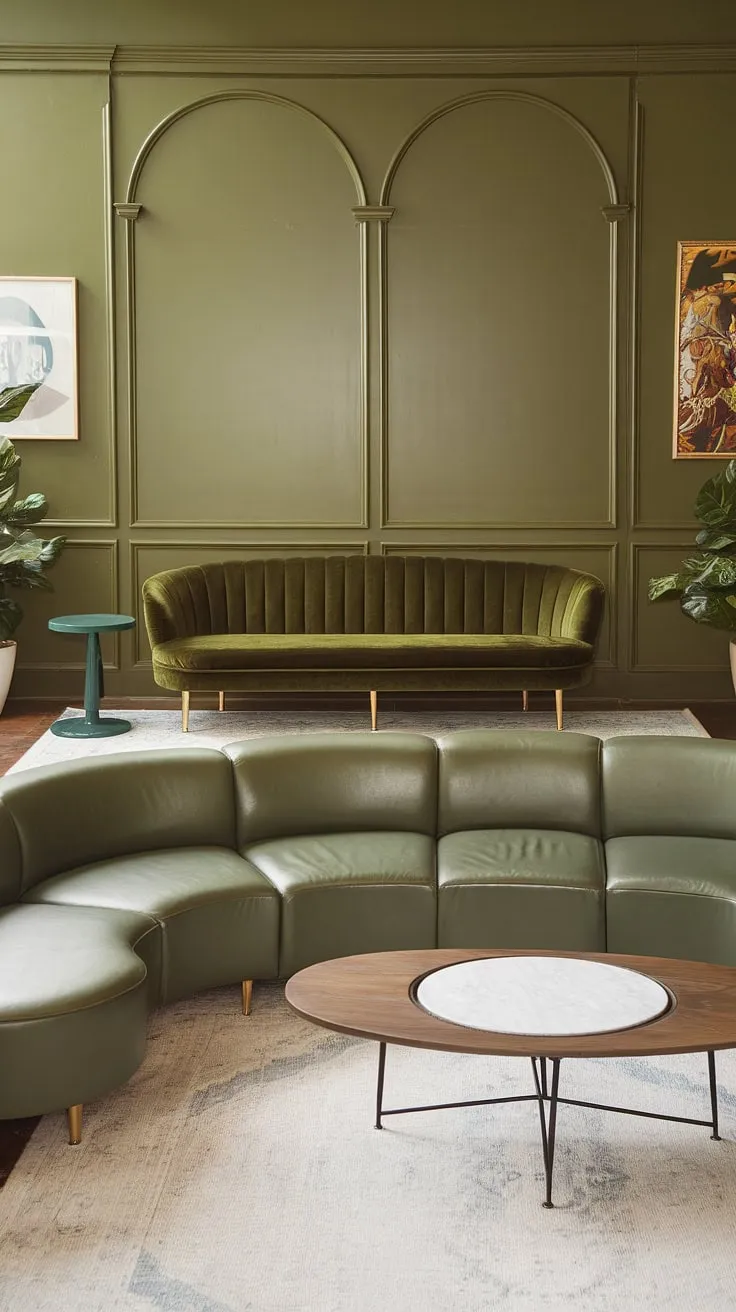 The modern green living room design showcases an olive green palette with a luxurious green velvet sofa and a chic gray sectional, perfectly blending comfort and style.