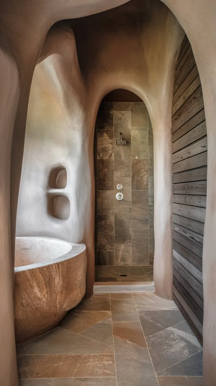 This minimalist bathroom harmoniously blends earthy travertine and a wood accent wall, embodying desert modernism and organic elegance for a serene retreat.