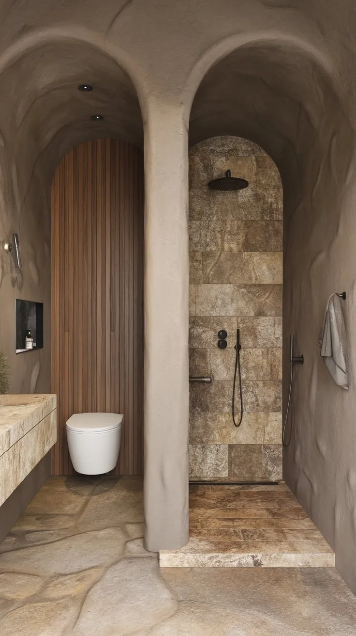 A minimalist organic bathroom boasts textured stone walls, wood accents, and a small travertine shower, creating a modern spa-like retreat