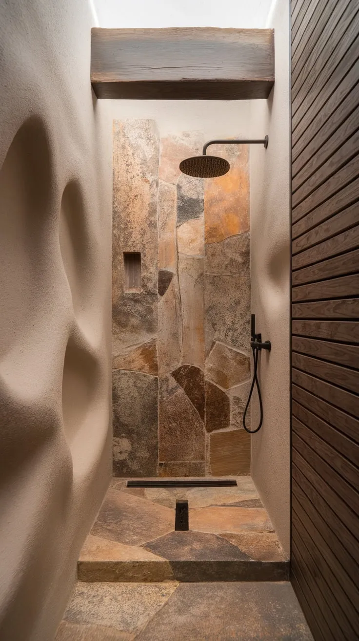 Minimalist design meets natural textures in this compact, organic bathroom featuring stone tiles, wood accents, and a luxurious walk-in shower.