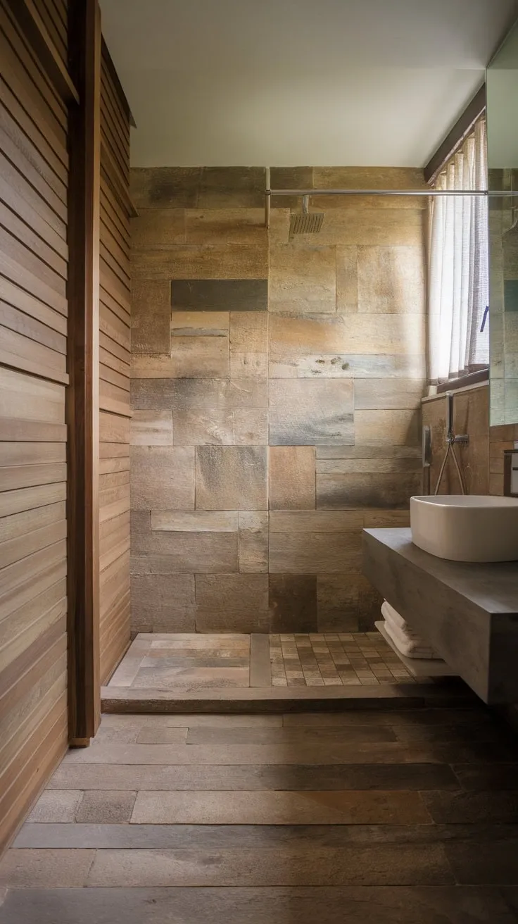A tranquil modern bathroom blends natural stone, wood paneling, and minimalist design for a serene escape.