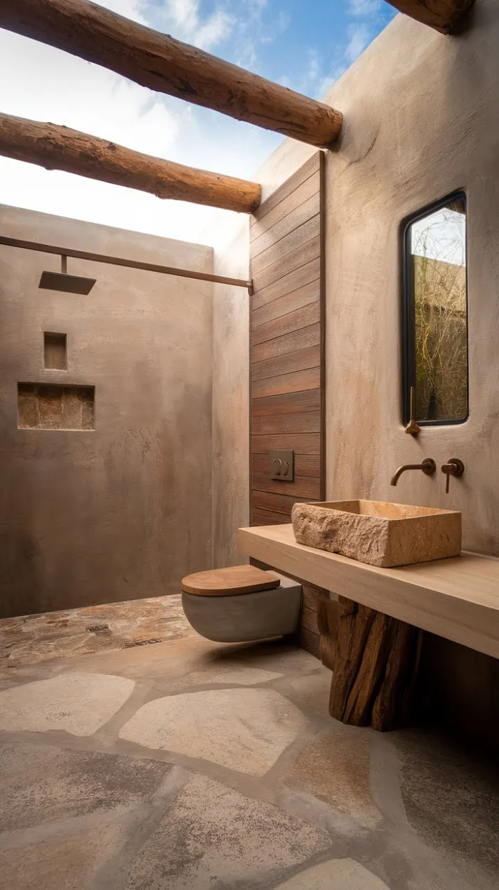 In a minimalist bathroom, desert modernism thrives as organic textures harmonize to craft a serene oasis of calm and understated luxury.