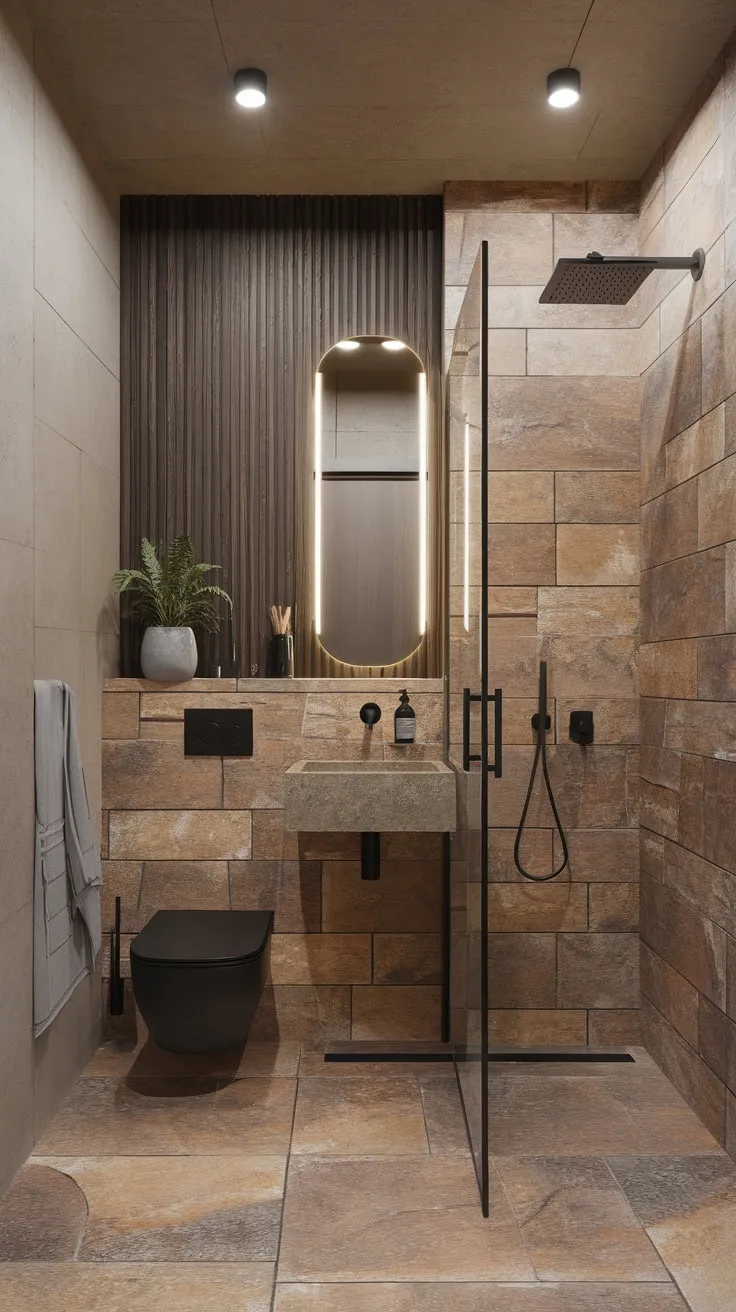 Soft lighting illuminates a minimalist organic bathroom featuring natural stone, wood accents, and a thriving plant.