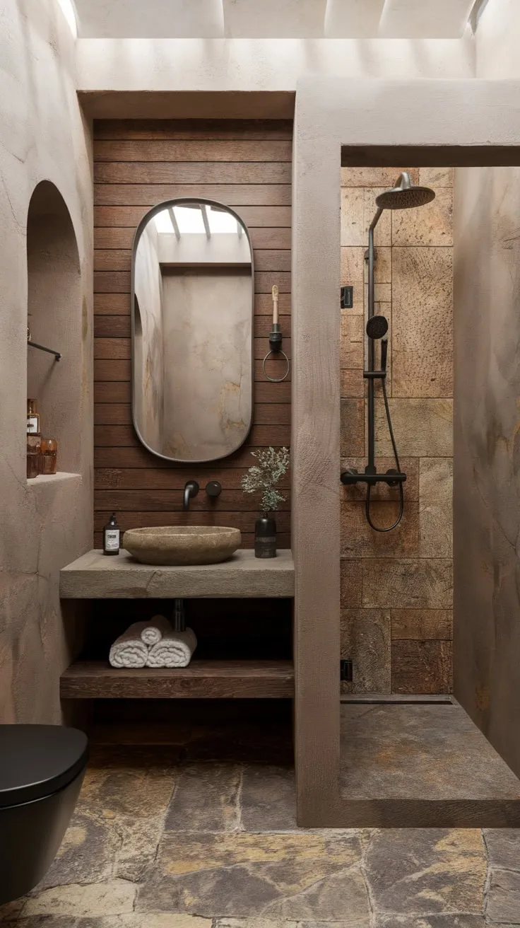 Natural stone and wood create a calming and efficient modern organic bathroom.