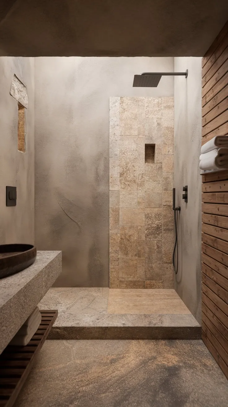 A small modern bathroom boasts organic materials like stone tile, textured walls, and wood accents for a minimalist yet luxurious feel