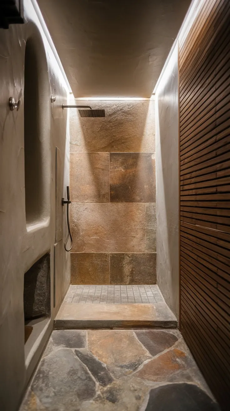 A small modern bathroom boasts organic stone and wood textures for a minimalist yet warm feel