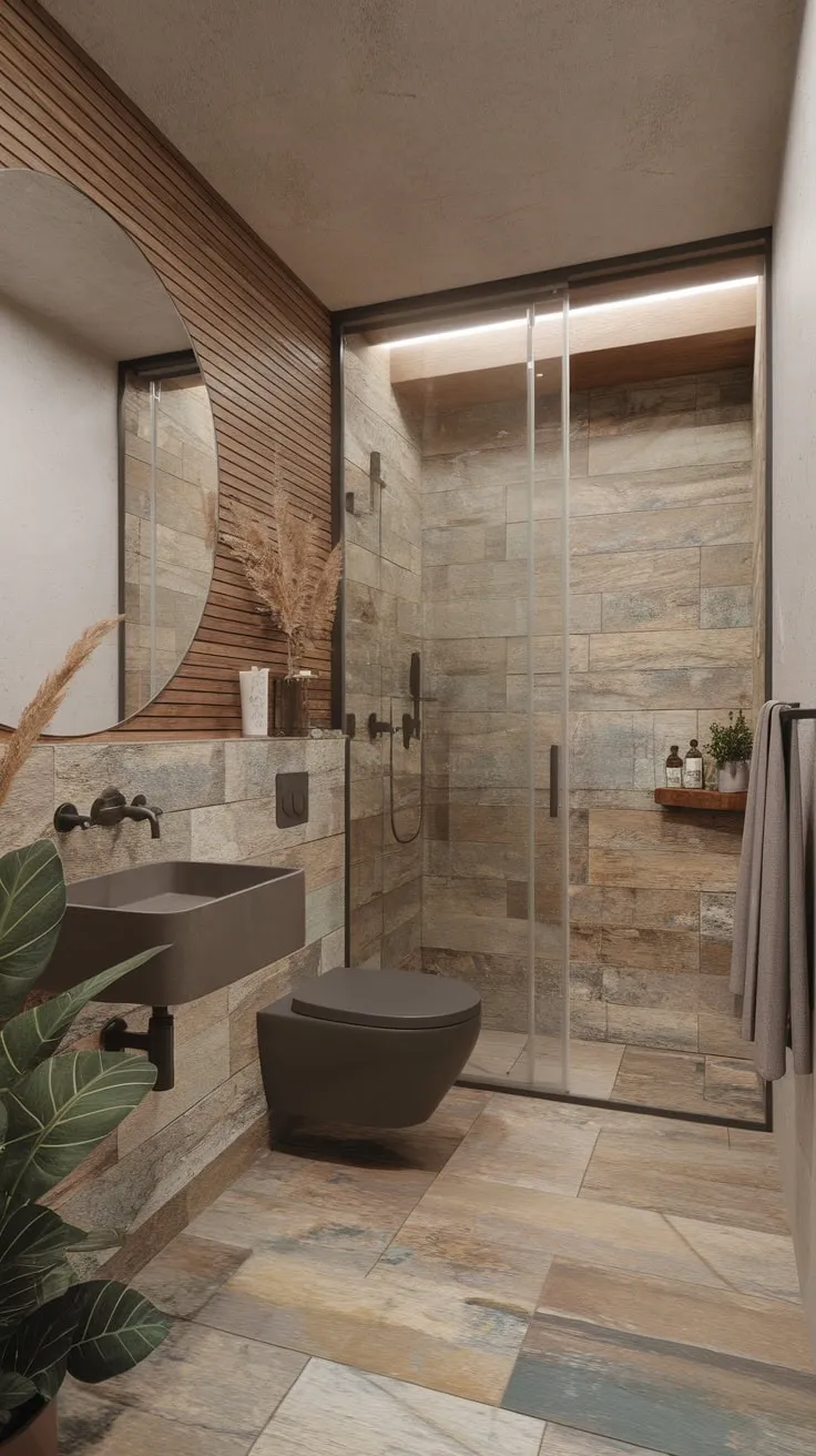 Modern minimalism meets organic textures in this spa-like bathroom, featuring stone, wood, and lush greenery.