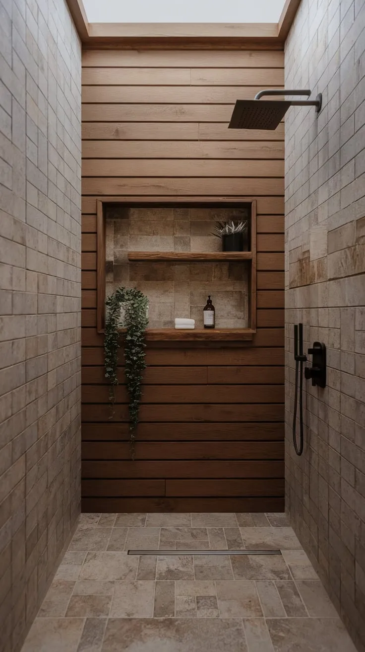 Modern minimalism meets nature in this organic bathroom, featuring stone and wood textures for a serene spa-like atmosphere