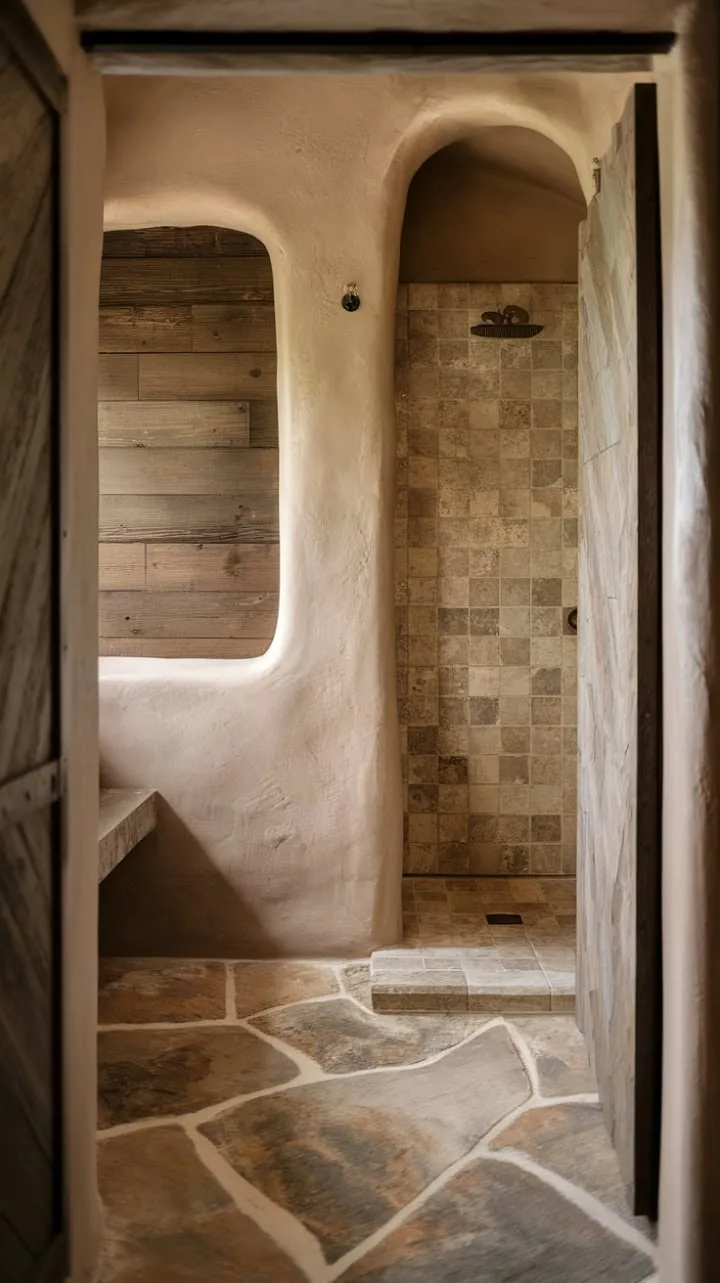 This minimalist bathroom masterfully combines organic textures and modern lines, channeling the serene beauty of the desert through its travertine shower and stone-effect tiles.