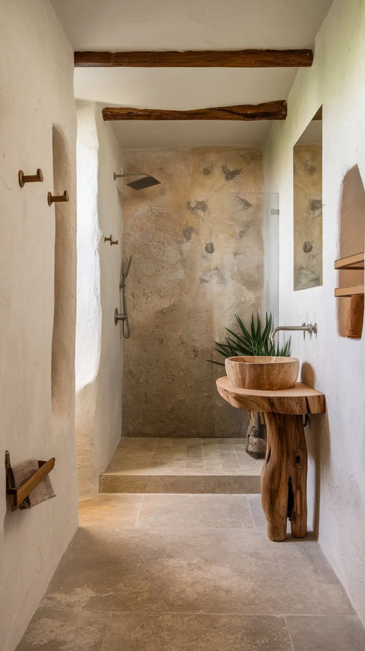 Experience a tranquil oasis in this modern bathroom, where rustic stone and wood harmonize with minimalist elegance and vibrant greenery.