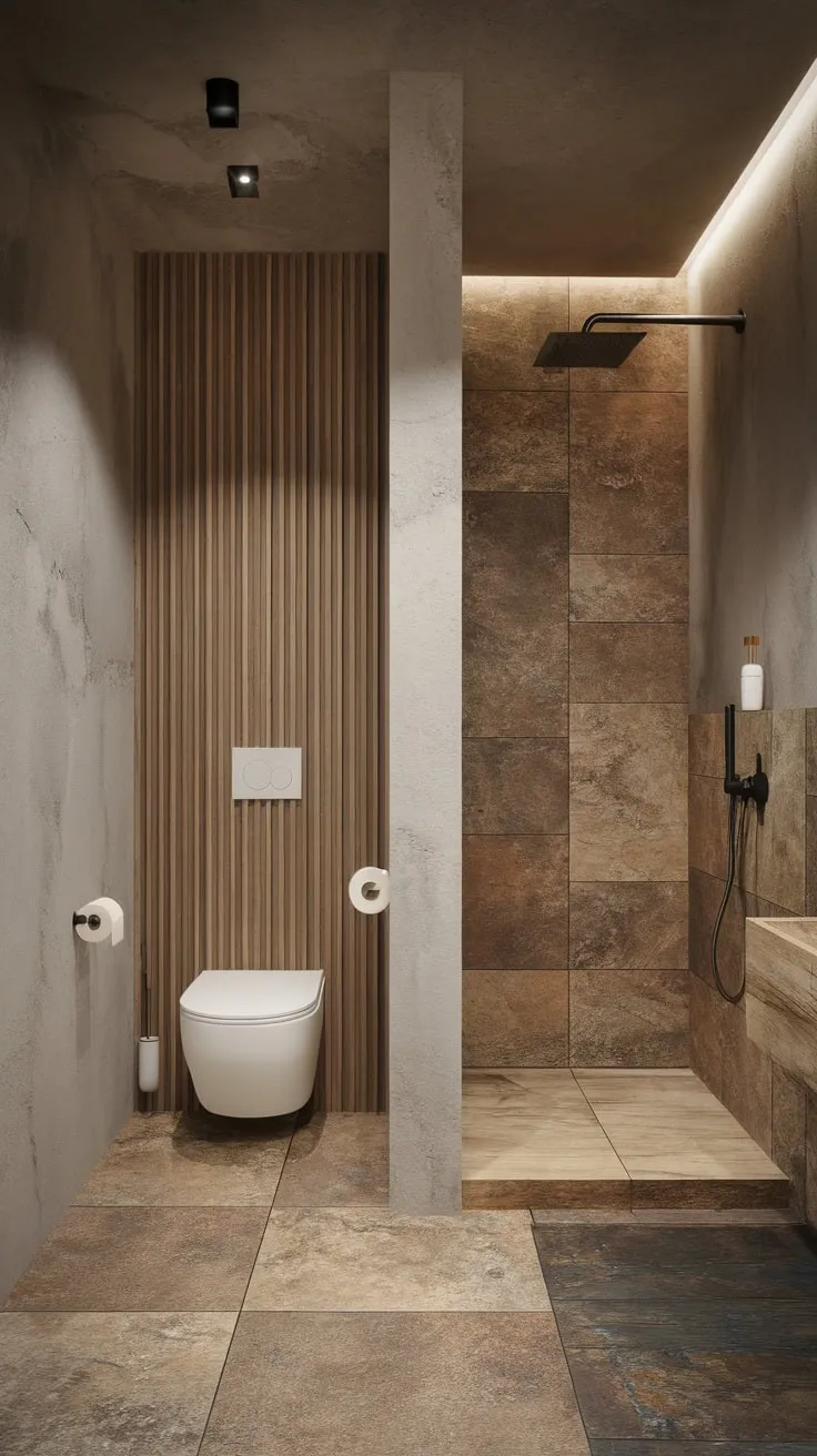 A minimalist modern bathroom boasts natural stone and wood accents, bathed in soft light for a tranquil spa-like atmosphere.