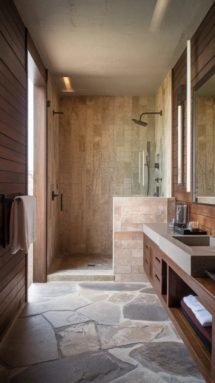 Modern minimalism meets organic textures in this stunning bathroom, featuring stone, wood, and travertine.