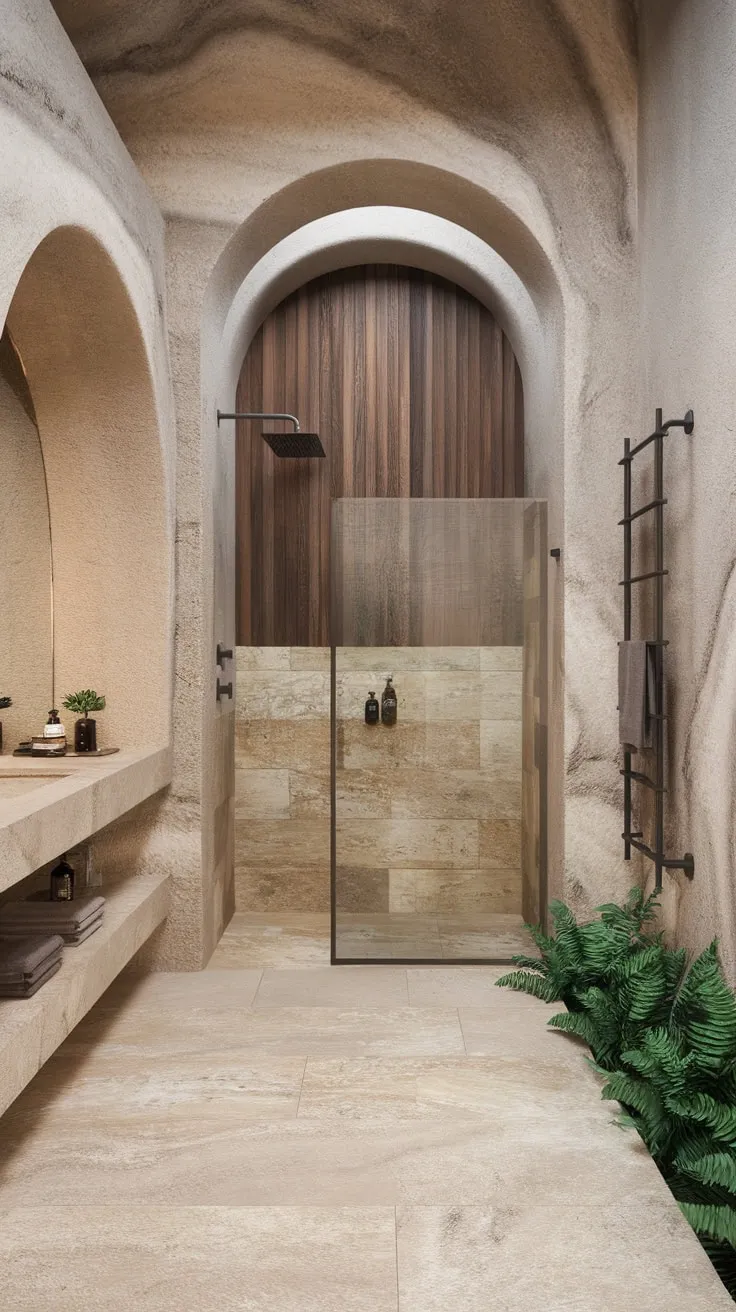 A minimalist modern bathroom features organic stone textures, light tiles, and wood accents creating a serene spa-like atmosphere