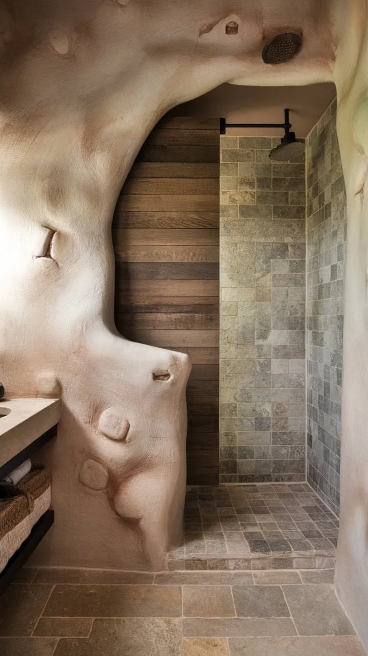 Experience tranquility in a minimalist bathroom where natural textures and modern design harmoniously unite to create a serene retreat.
