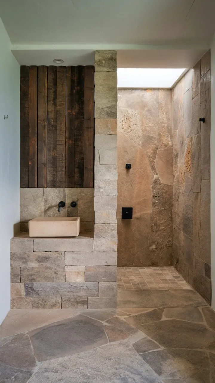 In this minimalist bathroom, desert modernism harmonizes cool stone and warm wood, crafting a serene oasis of thoughtful tranquility.