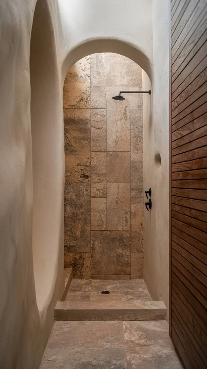 This serene bathroom harmoniously blends desert modernism and organic design with natural materials, creating a tranquil sanctuary for mindful moments.