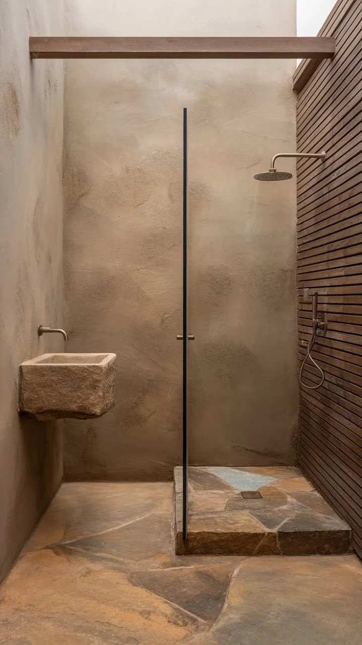 This minimalist bathroom, with its clean lines and harmonious blend of stone and wood, offers a serene escape that beautifully embodies desert modernism.