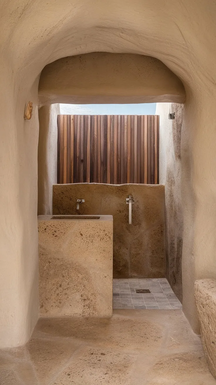 Featuring a minimalistic aesthetic, this travertine bathroom design includes a stone walk-in shower and textured walls that highlight the beauty of organic modern style.