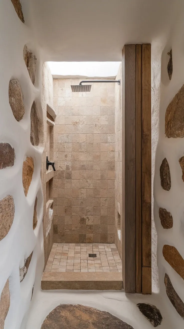 The minimalistic bathroom design highlights a stone walk-in shower with travertine tiles, complemented by textured walls and a wood wall panel, embodying the essence of desert modernism.