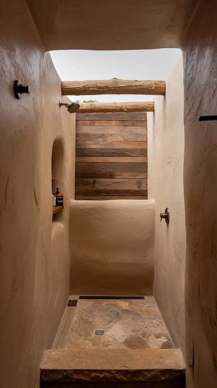 This small bathroom design highlights an organic modern aesthetic with minimalistic elements, including stone effect tiles, textured walls, and a wood wall, complemented by a travertine shower and stone walk-in shower.