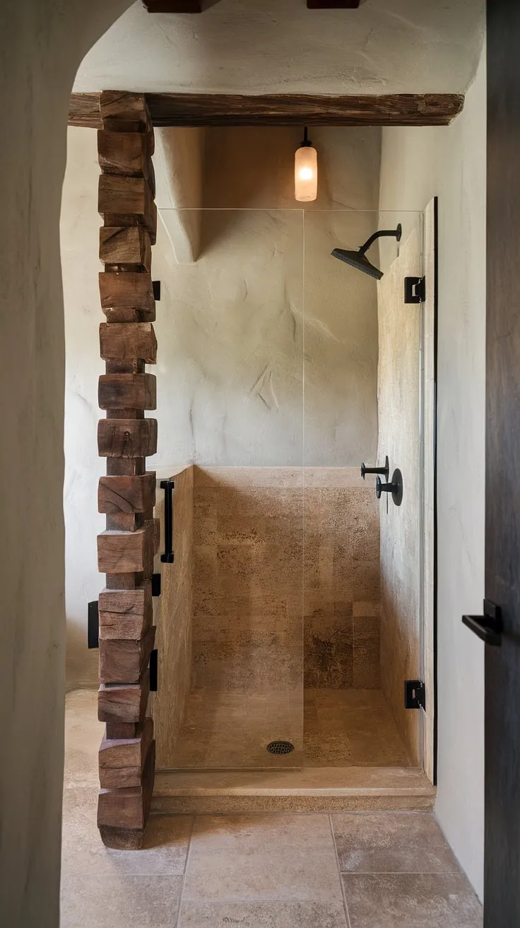 The travertine bathroom design showcases a walk-in shower and stone effect tiles, complemented by a floating wood wall, creating a stylish small bathroom with a modern aesthetic.