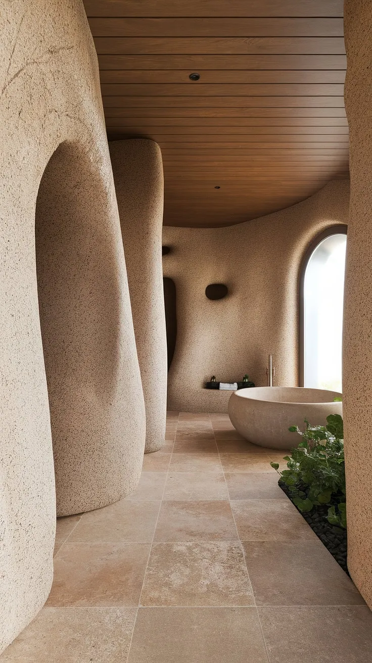 This organic modern bathroom features textured stone walls, travertine shower tiles, and a wood ceiling, creating a minimalistic oasis inspired by desert modernism.