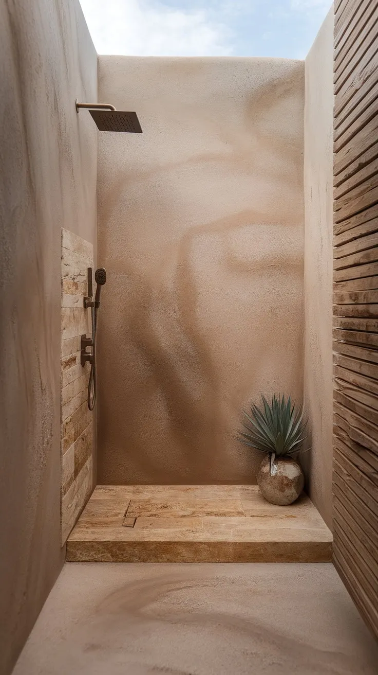 This organic modern bathroom showcases stone effect tiles and textured walls, blending desert modernism with a minimalistic design featuring a wood wall accent and a travertine shower with a stone walk-in area.